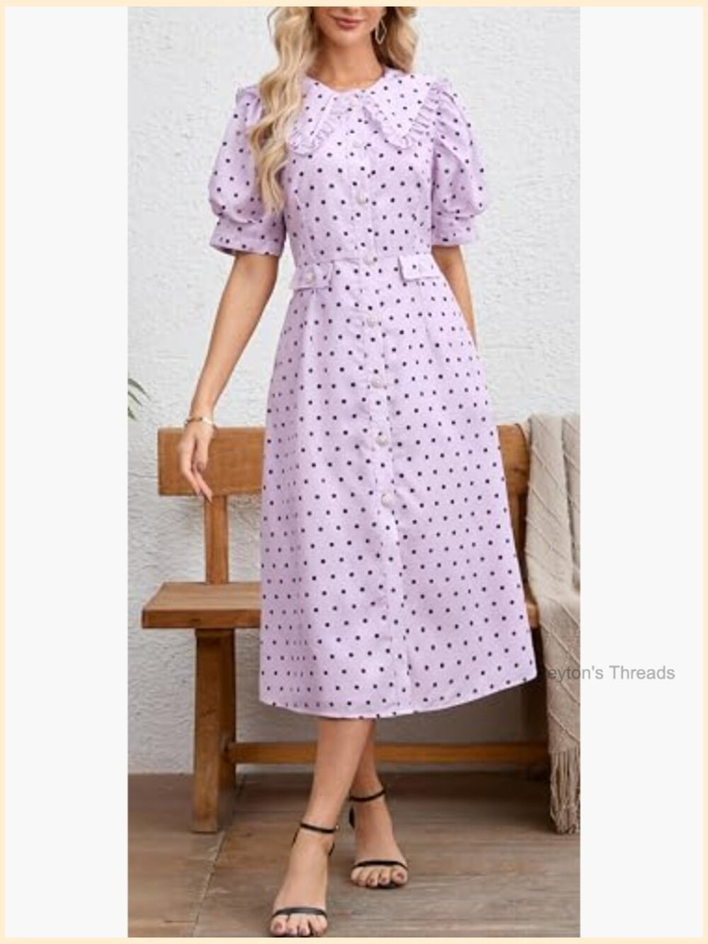 Puff Sleeve Peter Pan Collar Polka Dot Midi Dress with Pockets - Picture 3 of 7